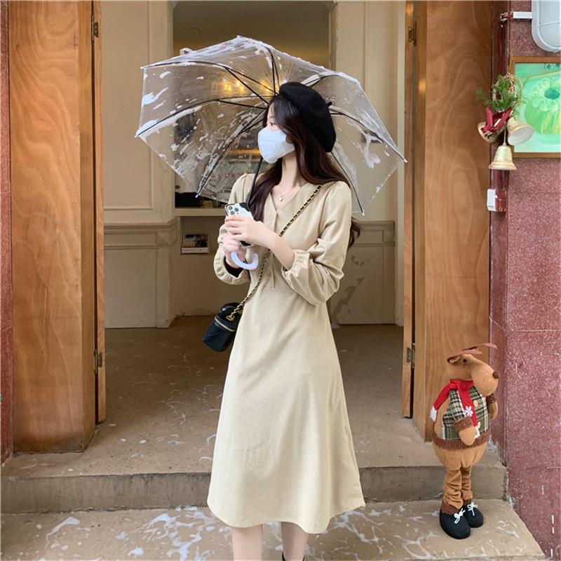 Women's V-Neck Long Sleeve Midi Dress Korean Style Solid Color A-Line Swing Dress Casual Elegant Button Down Dress For Spring Autumn
