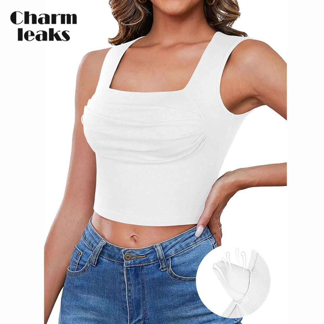 

Женская укороченная майка Charmleaks с рюшами спереди и встроенным бюстгальтером с квадратным вырезом, летние укороченные майки без рукавов S-XL L