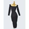 Cut Label Fall and Winter Square Collar Long Sleeve Silm Sheath Dress Pure Color Mid Length Long Length Fashion Wind Inner Wear Outer Wear Female