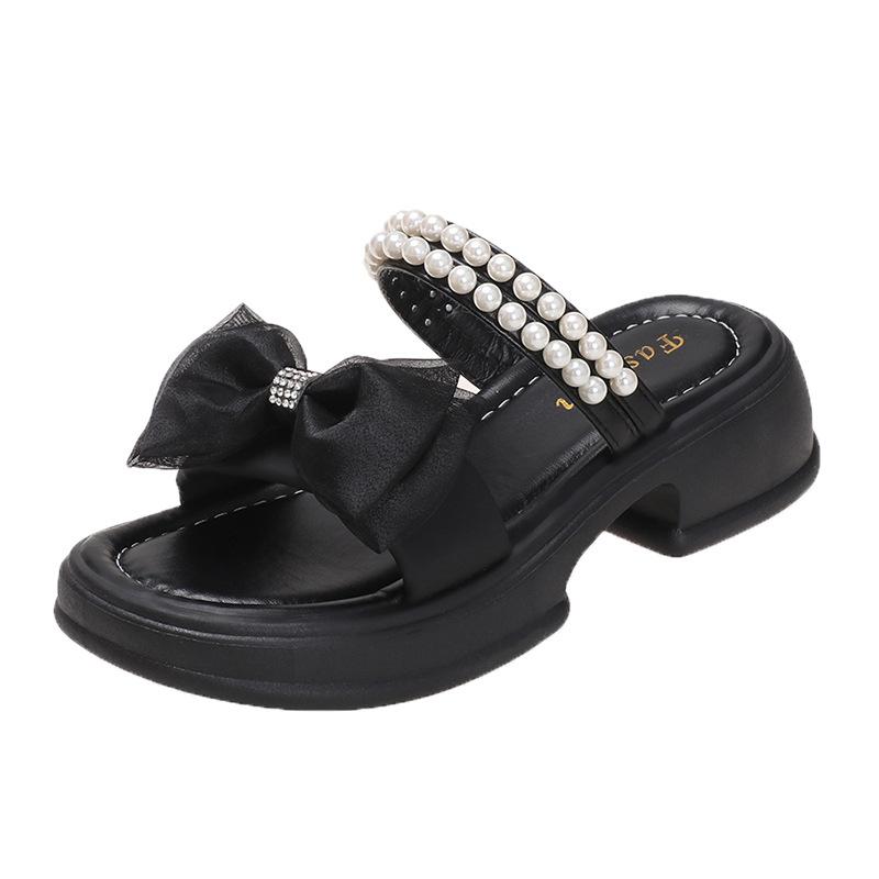 New Flip-flops, 2024 Summer Wear Muffin Platform College Bow Open-toed Pearl Women's Shoes, Campus Fashion Sandals