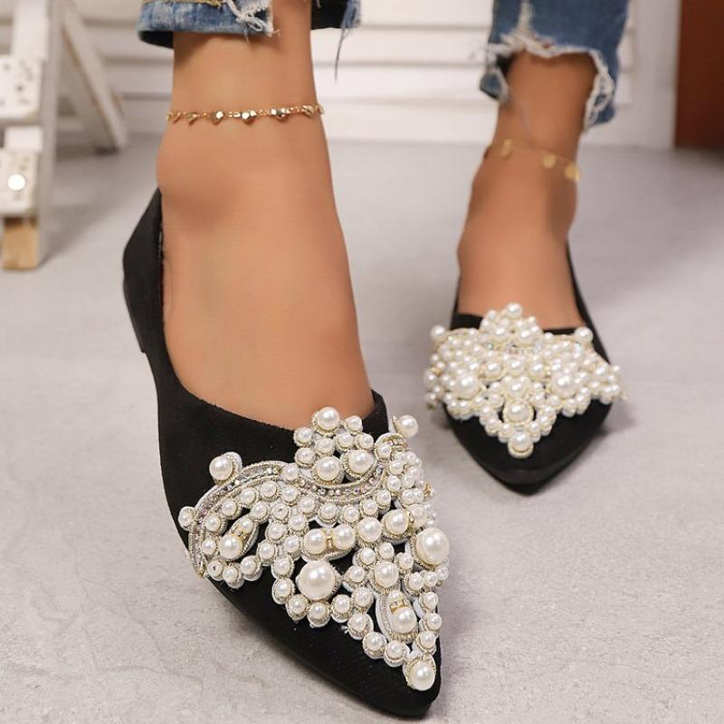 Comfortable Pointed Toe Slip-On Flats | Women's Black Fabric Upper with Pearl & Rhinestone Embellishments, Faux Cover Inner, All-Season Fashion Shoes
