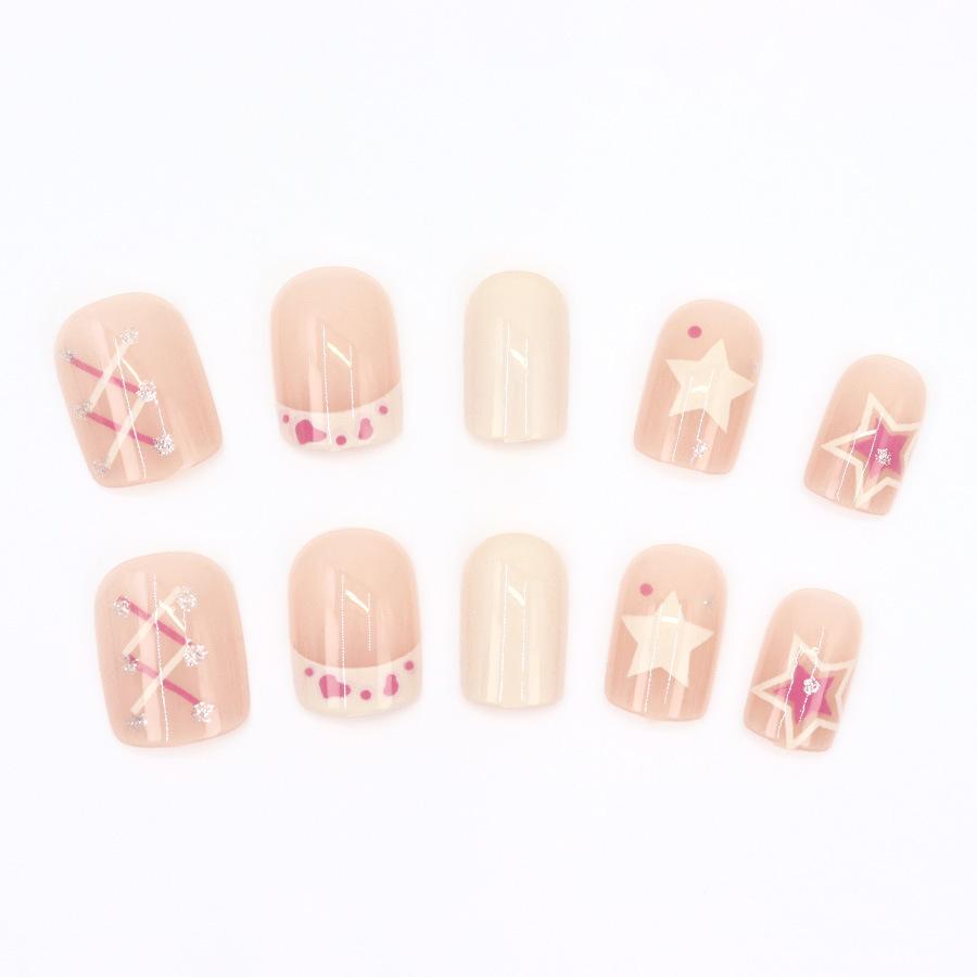24 Pieces Cute and Sweet  Square Nail Short Cow Pattern Star Wearing Nail Royal Manicure Nail Sticker 24 Pieces