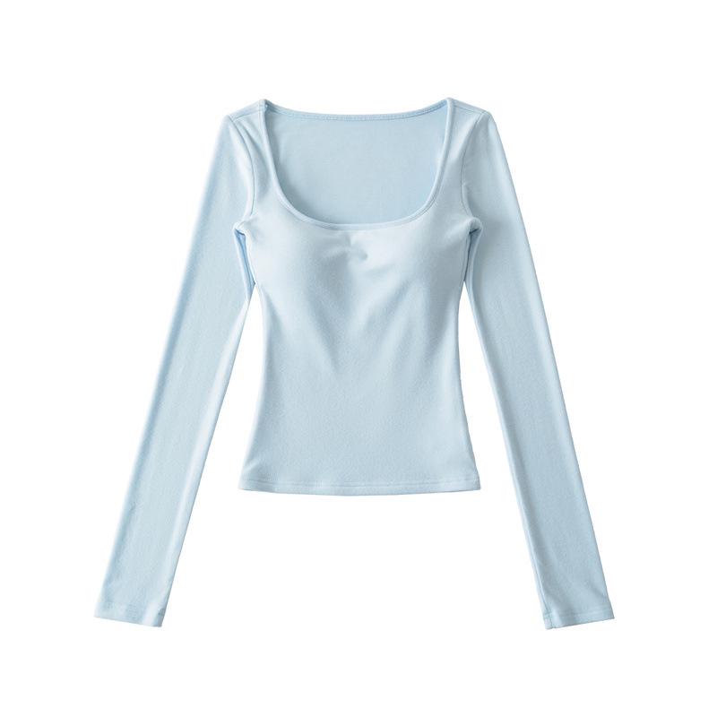 Korean Square Neck Slimming Long Sleeve T-Shirt with Chest Pads and Waist-Cinching Design for Women - Spring/Autumn