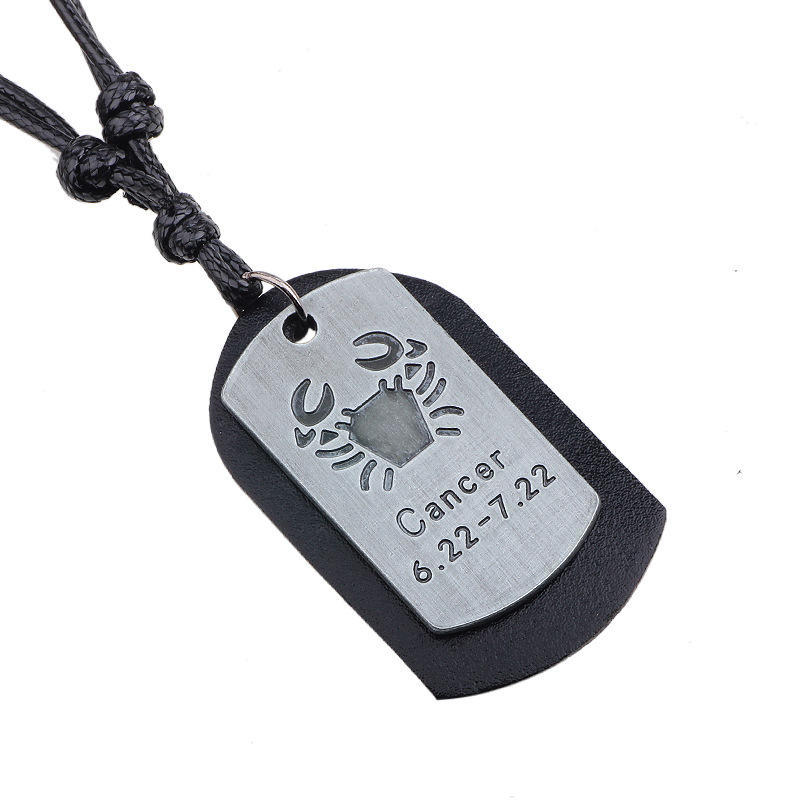 JMXD-European and American Twelve Constellation Necklace Retro Brushed Metal Pendant Genuine Leather Wax Rope Woven Constellation Series Necklace