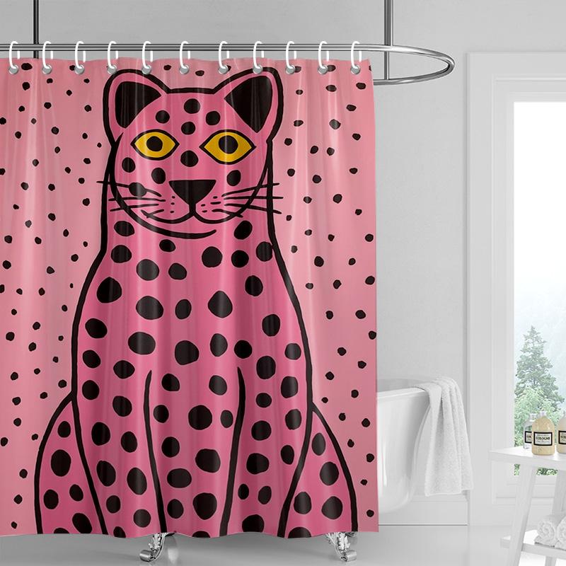 Pink Cat Shower Curtain, Black Spots & Multicolor Dots Design, Waterproof Bathroom Decor For Modern & Playful Homes