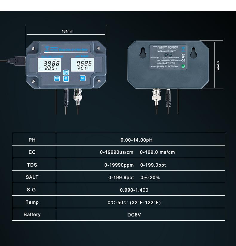 Smart Wifi Online Water Quality Tester Wireless 6 in 1 Water Monitor PH EC TDS SALT G.S Temperature Meter By Mobile APP Control
