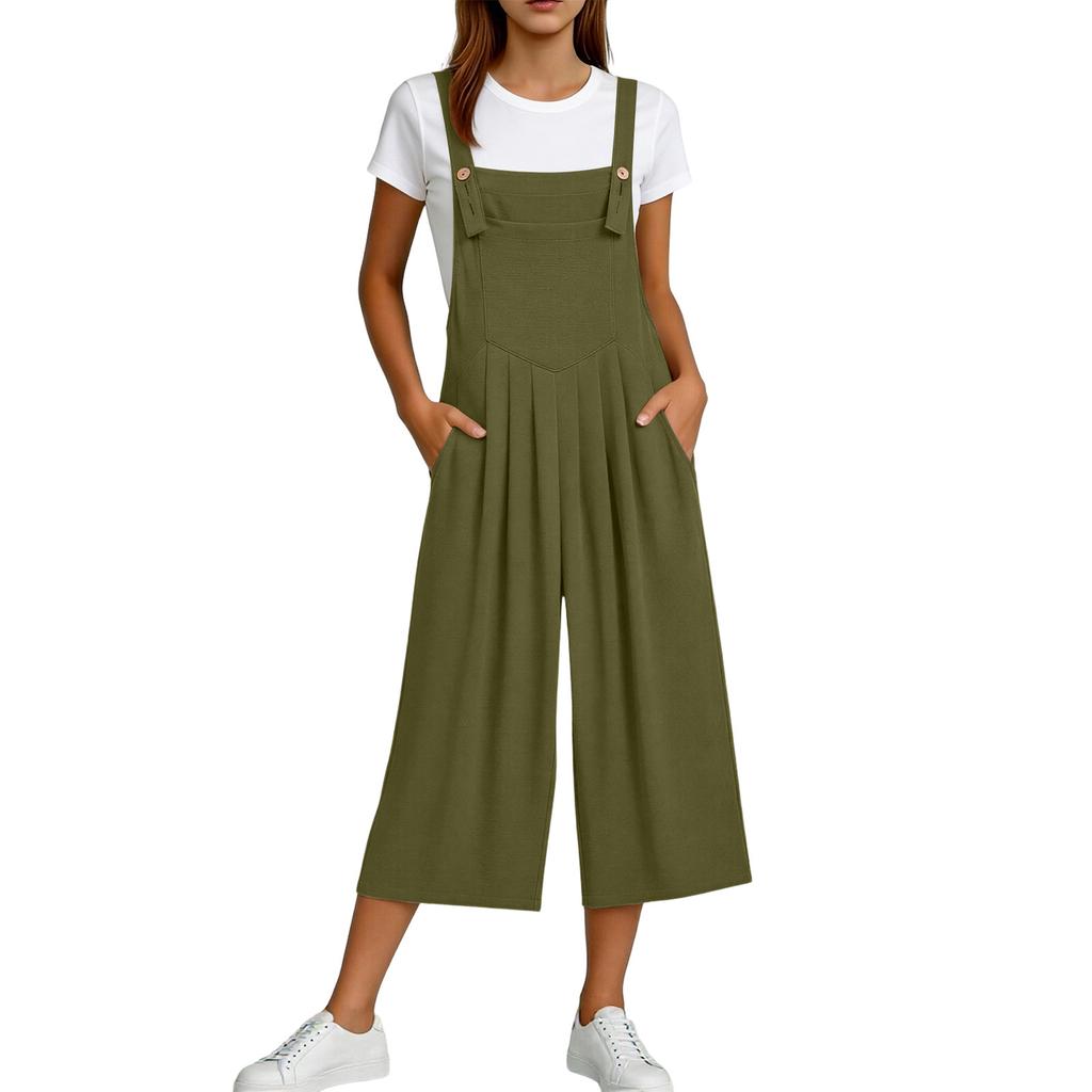 Women Casual Loose Overalls Wide Leg Jumpsuits Sleeveless Cropped Pant Romper with Pockets for Daily Wear