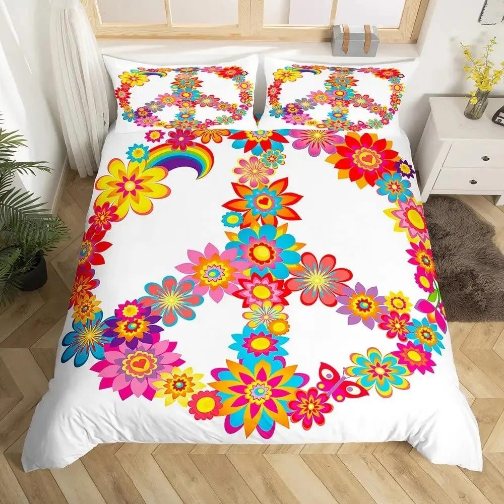 Buntes Friedenssymbol Bettbezug-Set Queen-Size Boho Hippie Psychedelische Blumen Bettwäscheset Regenbogen Batik Deckenbezug-Set