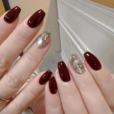 24 Teile/satz Quick Nails Weinrot Glitter Falsche Nials Aufkleber Tragbare Wasserdichte Maniküre Fertige Nägel