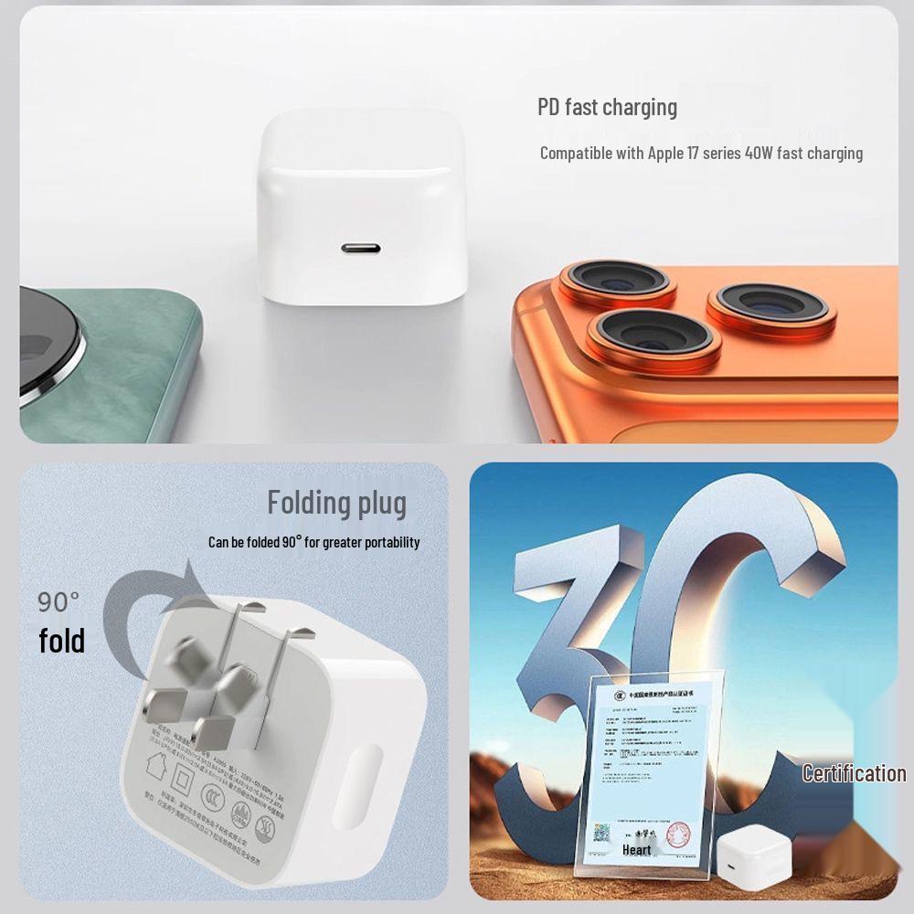 Foldable 40W PD Charger & Cable for Apple 14-17 Pro