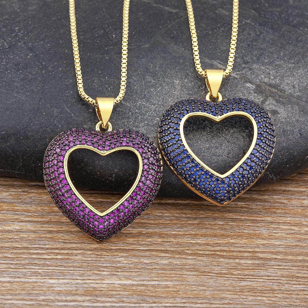 Nidin Top Quality 4 Colors Heart-Shaped Hollow Crystal Zircon Pendant Link Chain Necklace Women's Charm Jewelry Anniversary Gift