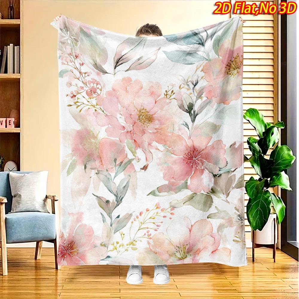 1pc 2D Flat Printing Spring And Summer New Arrival Watercolor Pink Floral Theme Digital Print Blanket, All-Season Use, Casual Throw, 100% Polyester Fi