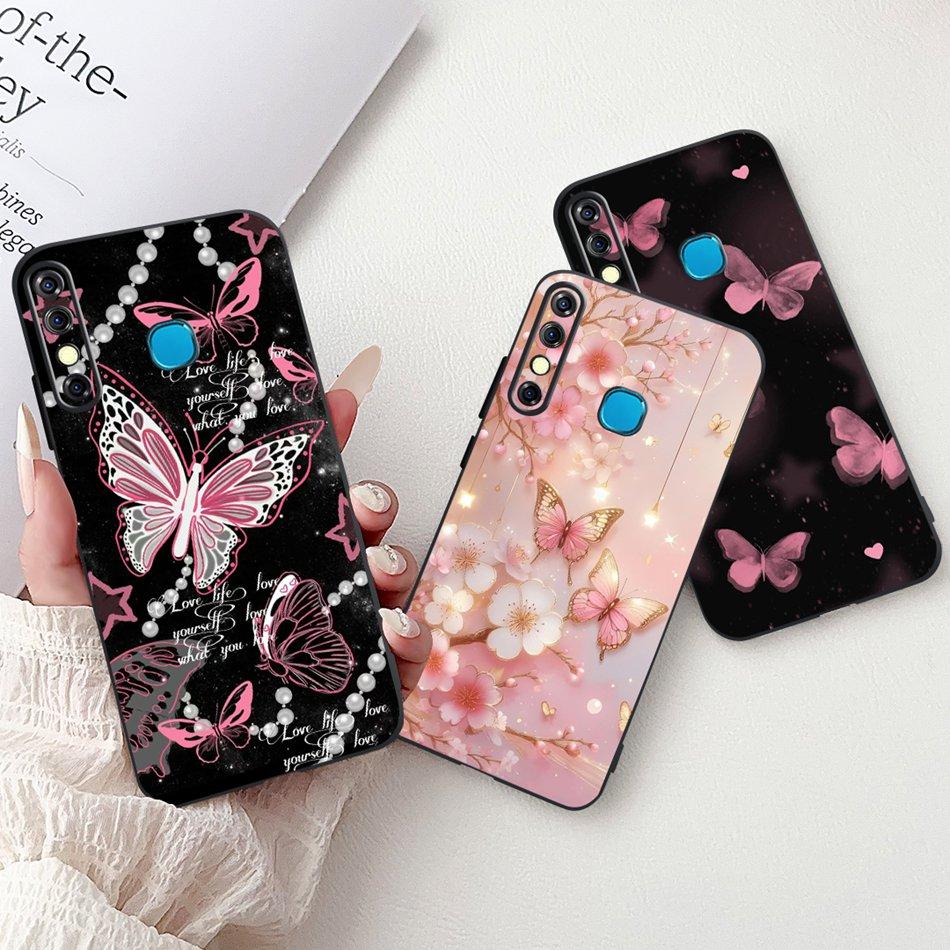 For Infinix Hot 8 Phone Case Hot 8 Lite Hot8 X650 X650C X650B X650D Elegant Floral Cat Pattern Black Silicone Soft TPU Cases