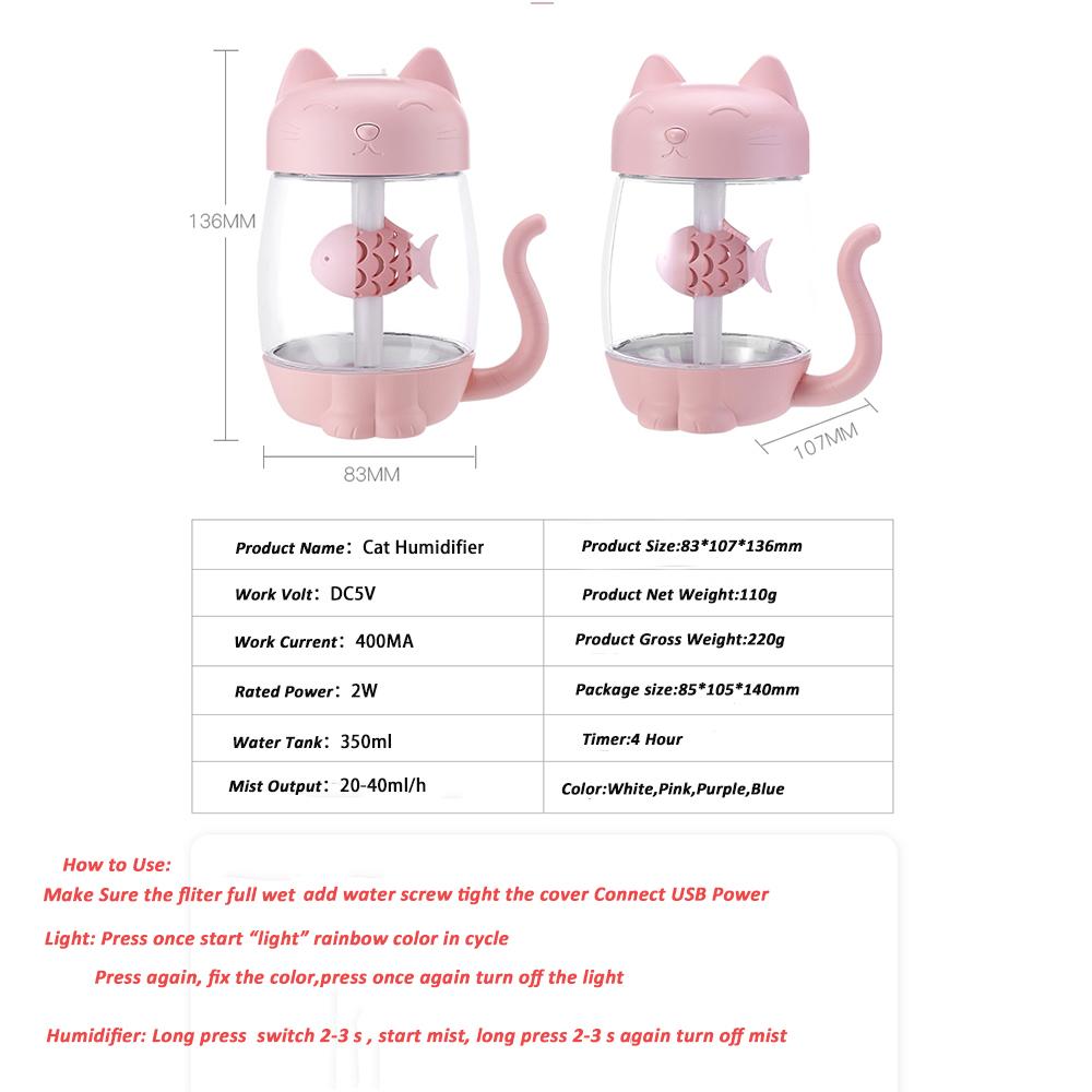 350ml Humidificador Cartoon Katze Usb Luftbefeuchter Ultraschall Leise Farbe Led 3 In 1 Aroma Diffusor Für Home Office Auto