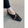 Sheepskin~ Square Head Pleated Hollow Mary Jane Shoes Women's Bow French Temperament Low Heel Single Shoes Light Mouth Small Leather Shoes