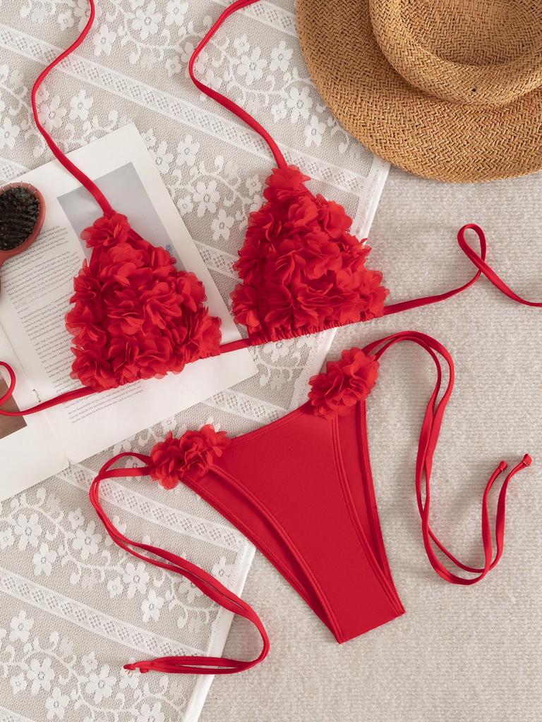 2026 European & American Halter Red Triangle Bikini - Women's Sexy Strappy Swimwear