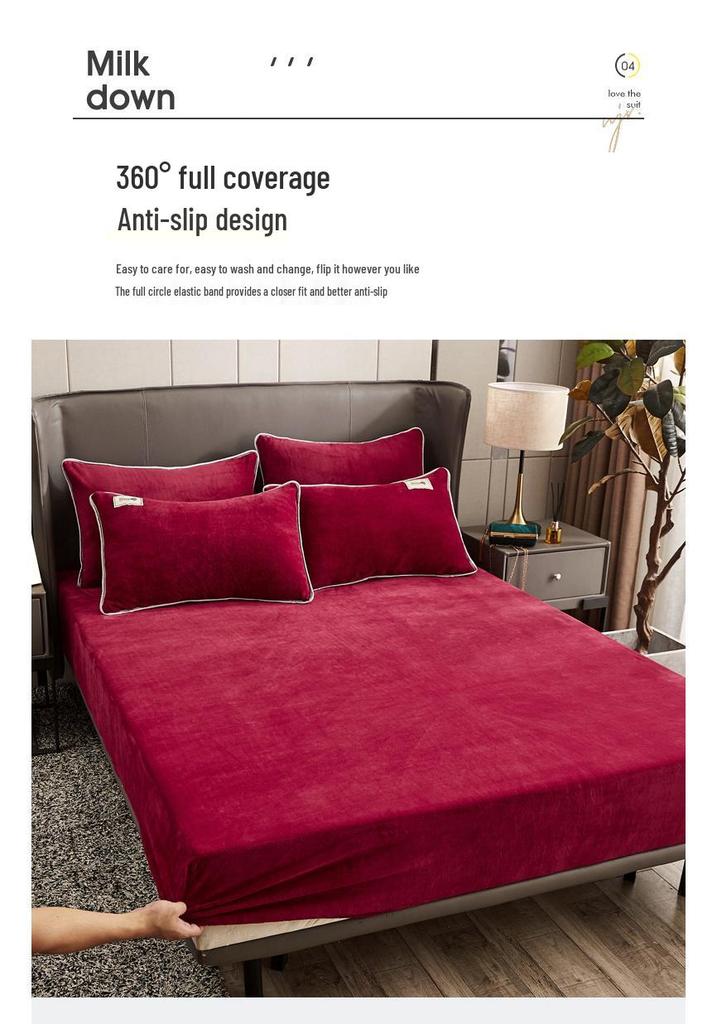 Solid Color Crystal Velvet Fitted Sheet Set - Single Piece Bed Sheet with Mattress Protector