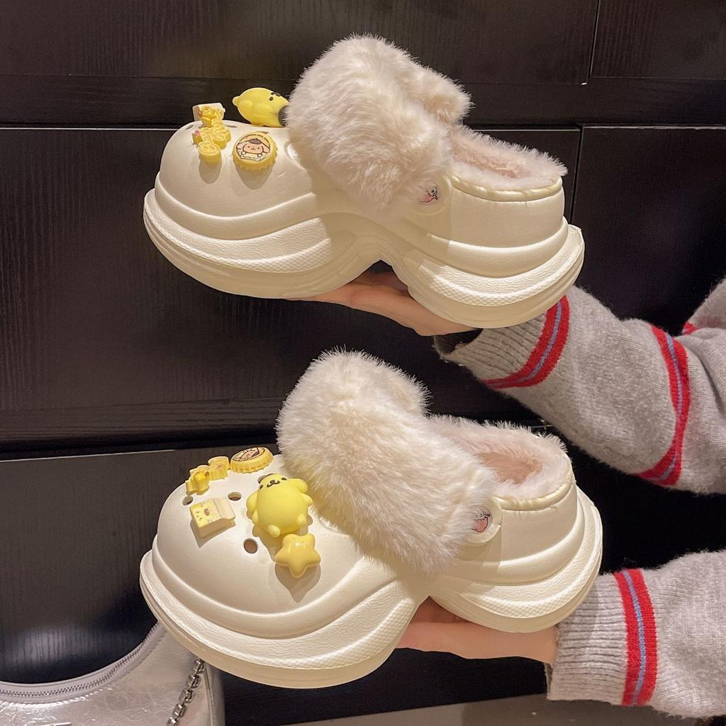 Wear heightening non-slip fluffy cotton slippers 2025 autumn and winter new cute cartoon velvet thick-soled hole shoes for women