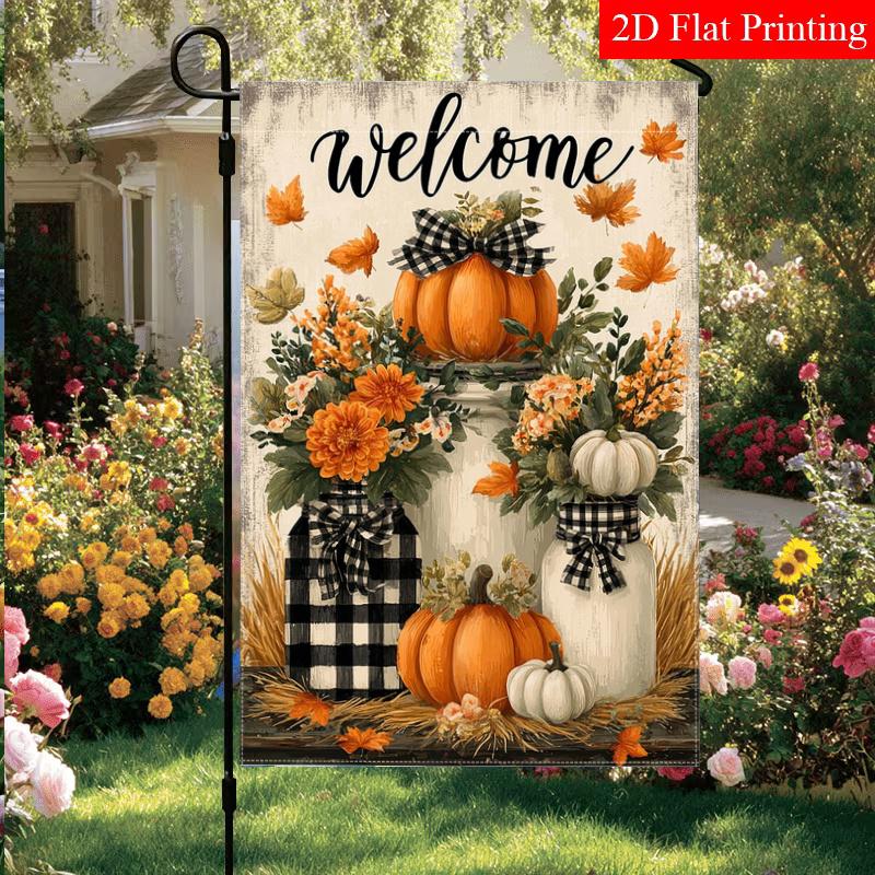 2D Flat, 2D Flat,Autumn Thanksgiving Pumpkin Welcome Garden Flag, 2-28 X 40 Inches Outdoor Garden Flag, Double-Sided Home Decoration Courtyard Decorat
