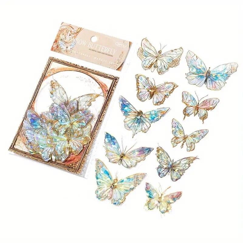 20pcs Ice Crystal Laser Butterfly Decorative PET Stickers Retro DIY Handbook Material Scrapbooking Label Diary Journal Planner