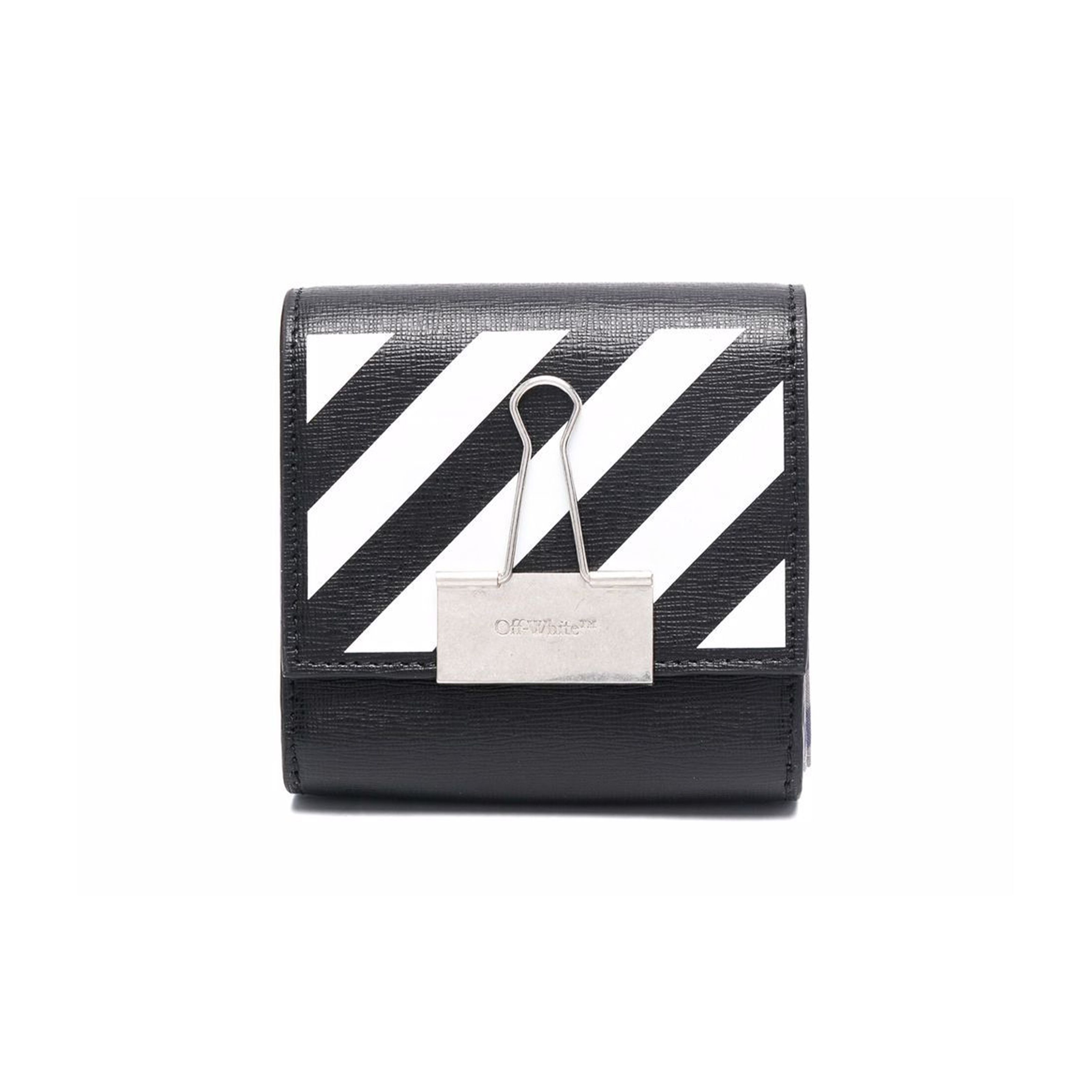 Off-White Binder Clip Diagonal Flap Leather Wallet Women Wallet White Black OWNC043F21LEA0011001 Basic Set (Bag+Dust Bag)
