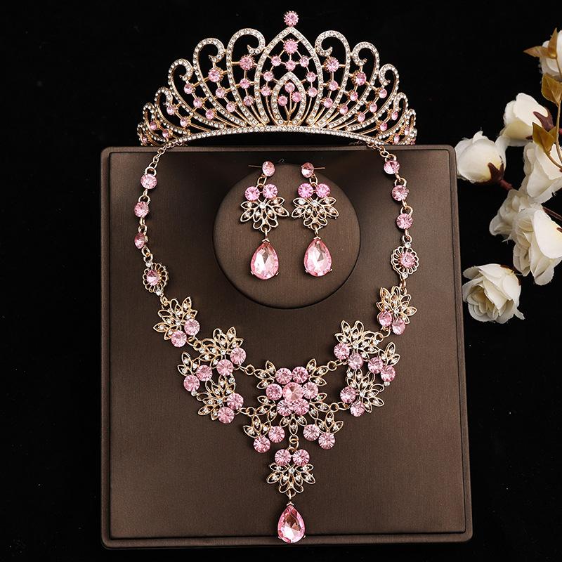 Pink Bridal Crown Three Piece Suit Wedding Crown Tiara Necklace Earrings Korean Super Fairy Wedding Dress Accessories
