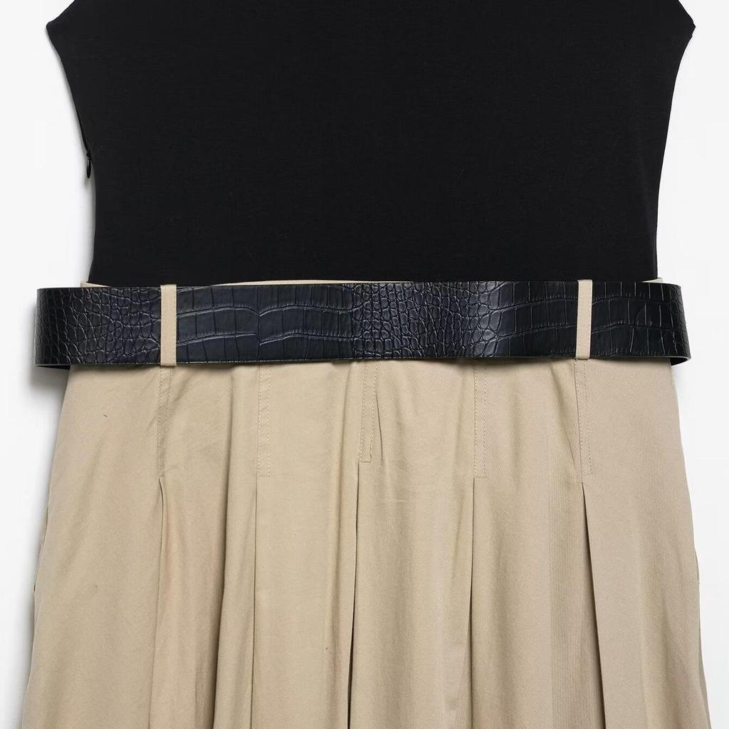 2025 Summer Pleated Skirt Dress with Shoulder Pads - Sleeveless, Slim-Fitting, Round Neck Design