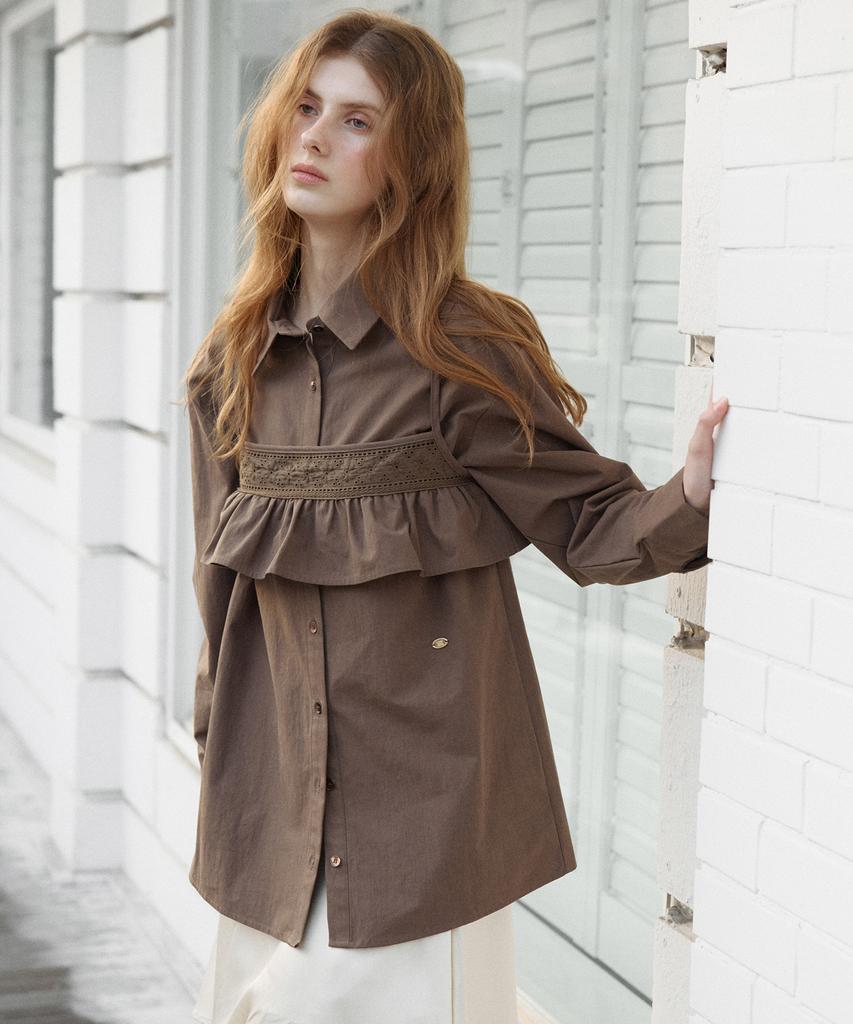 LETTER FROM MOON Blanche Layered Oversized Cotton Shirt (Brown)