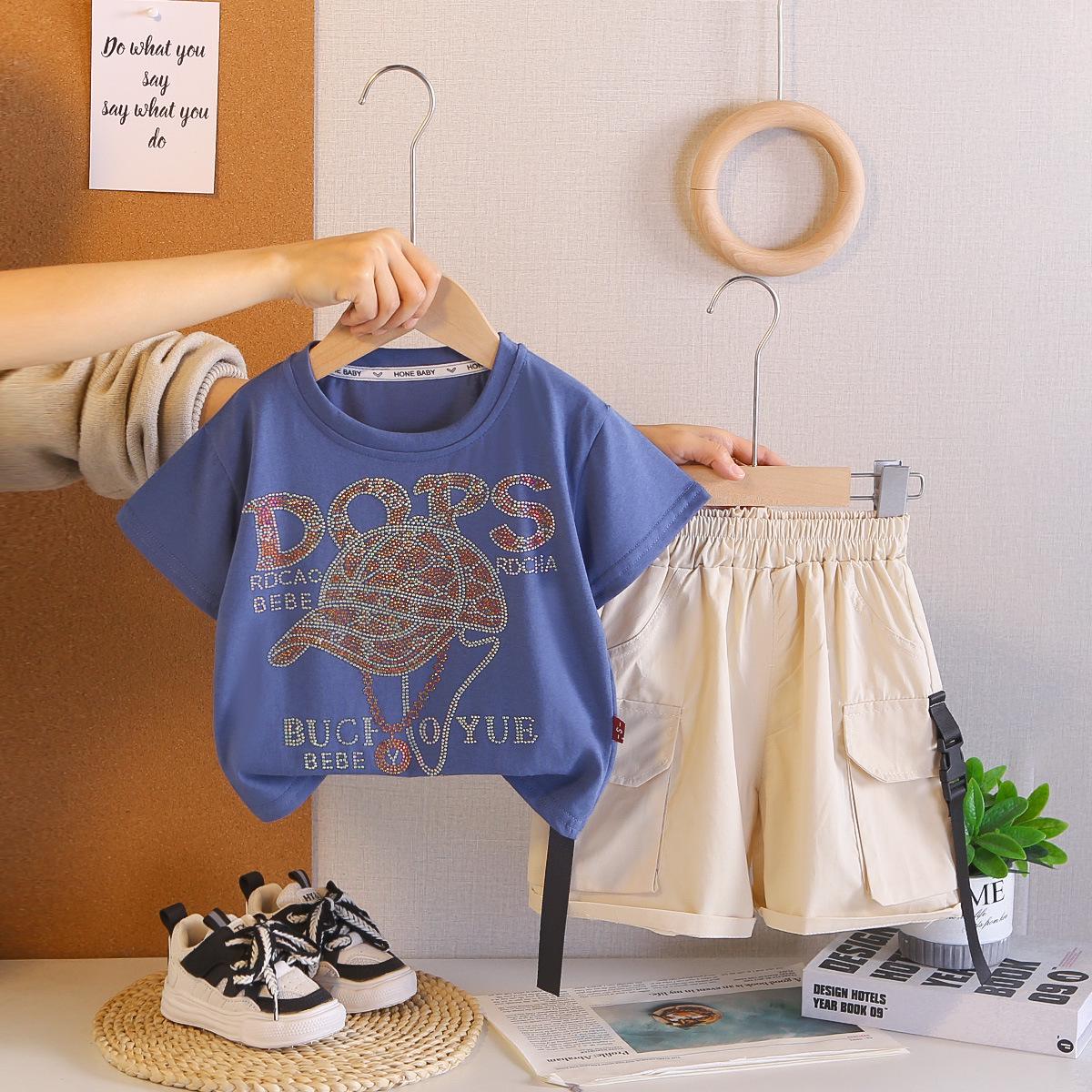 2026 Boys  Rhinestone Hat Print Summer Two-Piece Clothing Set with Pockets XXL