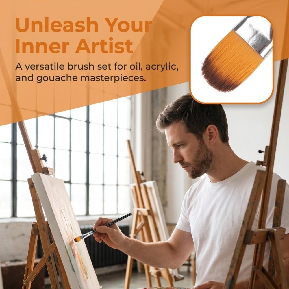 8PCS Wood Handle Paint Brush Set Round & Flat Tips Multi-Media Brushes Acrylic Painting