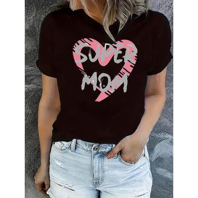 Europäische Größen Damen Modisches Trendiges Rundhals-Kurzarm-T-Shirt mit Einfachem Englischen "Super Mom"