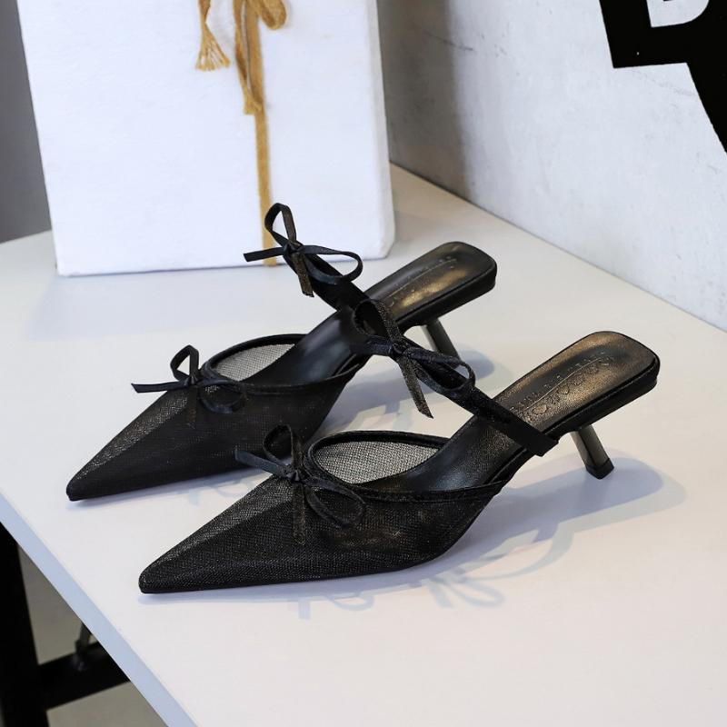 Korean Version Of Lace Half-Tugged Thin Heels For With Pointed Toe Shallow Mouth Bow With One Strap Strap Mid-Heel Slippers