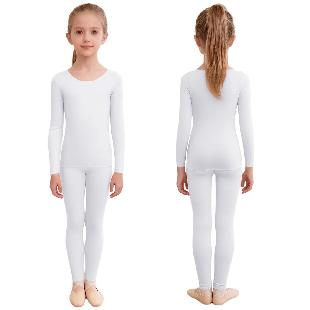 Kids Girls Seamless Thermal Dance Set: Round Neck Long Sleeve Top & Elastic Waist Regular/Stirrup Leggings for Warm-Up
