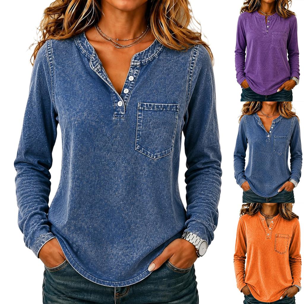 Top Blusa da Donna Casual a Maniche Lunghe con Bottoni Colorato