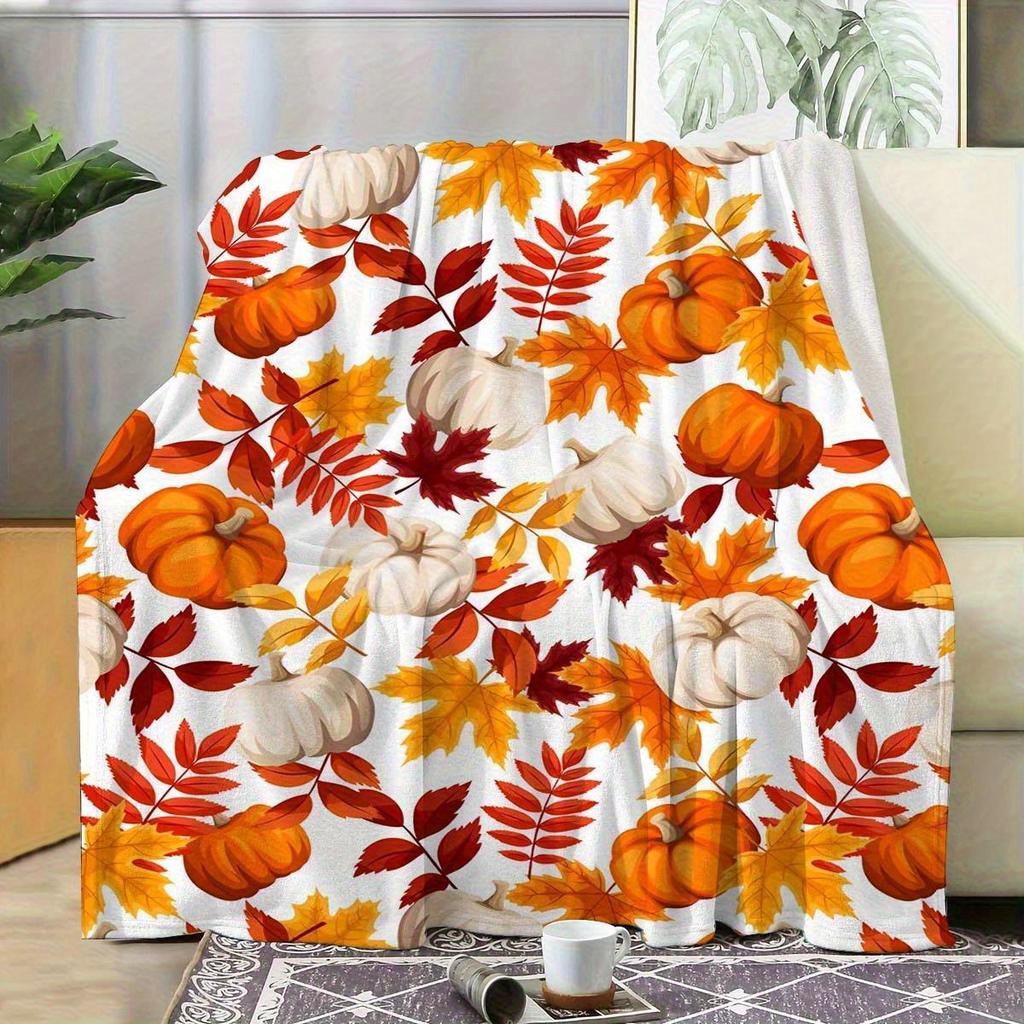 1pc Pumpkin and Maple Leaf Autumn Harvest Blanket, Polyester Fabric, Machine Washable, Suitable for Bedroom and Living Room