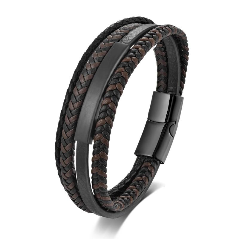 Mens Multi-Layer Leather Bracelet With Magnetic Clasp Geometric Design Minimalist Woven Style