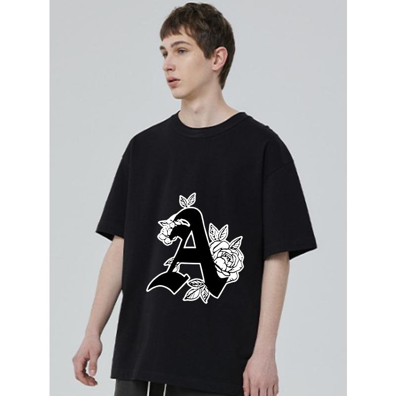 Black T Shirt with Letter A and Rose Floral Print for Casual Wear