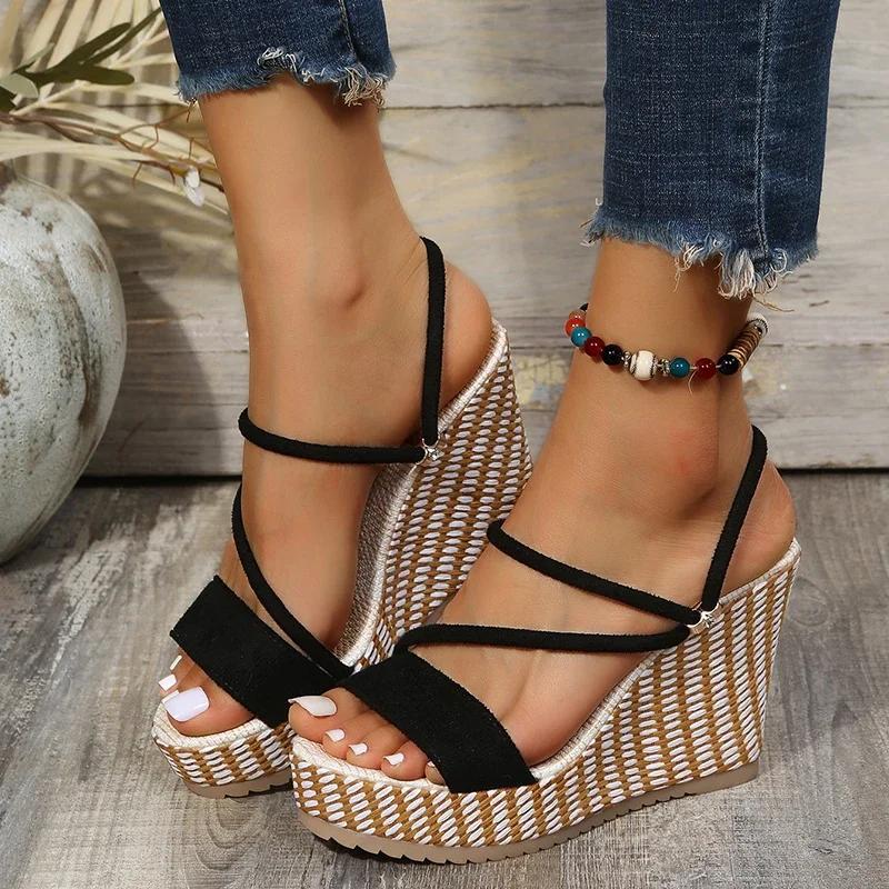 Classic Black Wedge Sandals for Womens Summer Sexy Open Toe Platform Ankle Buckle Slingback Shoe Luxury Comfort Sandalias