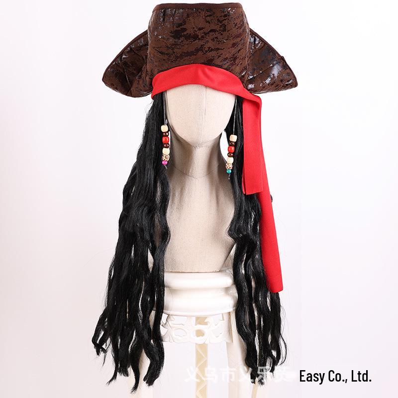 Caribbean Pirate Captain Hook Cosplay Wig & Hat with Curly Hair