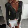 Women V-Neck Lace Patchwork Striped Cardigan Long Sleeve Casual T-Shirt Top