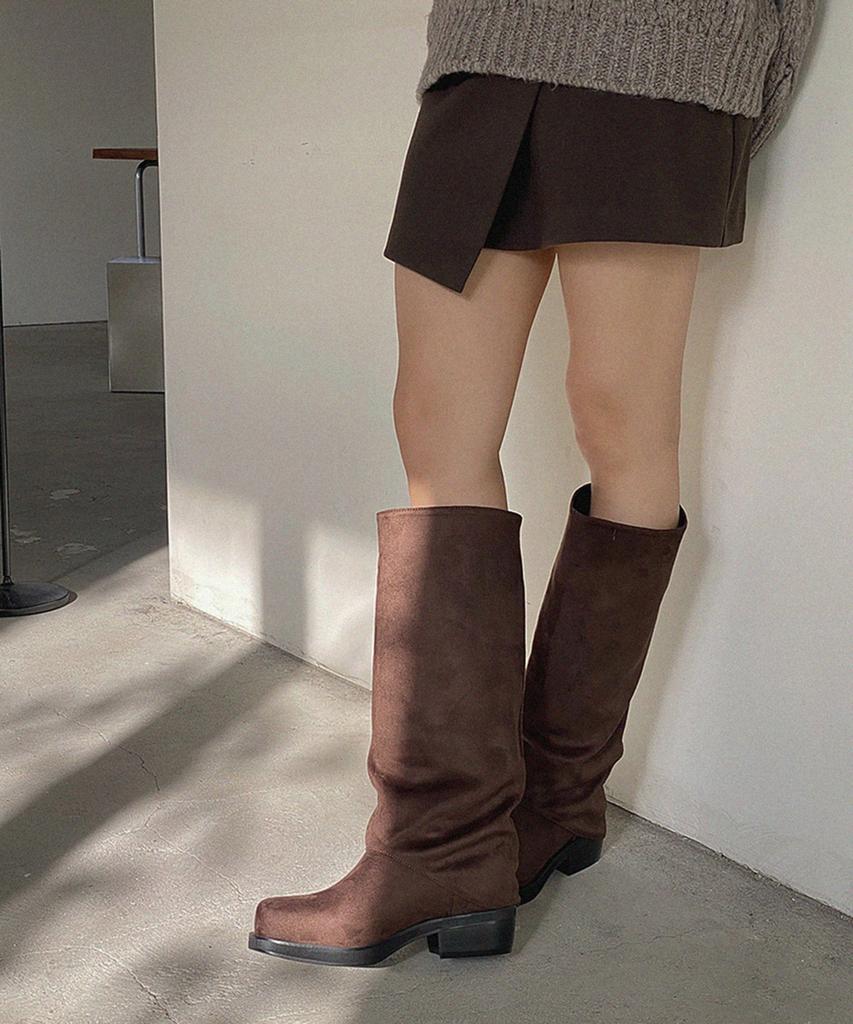 Moodnple Primrose Simple Basic Round Square Suede Long Boots 2 Colors 4Cm