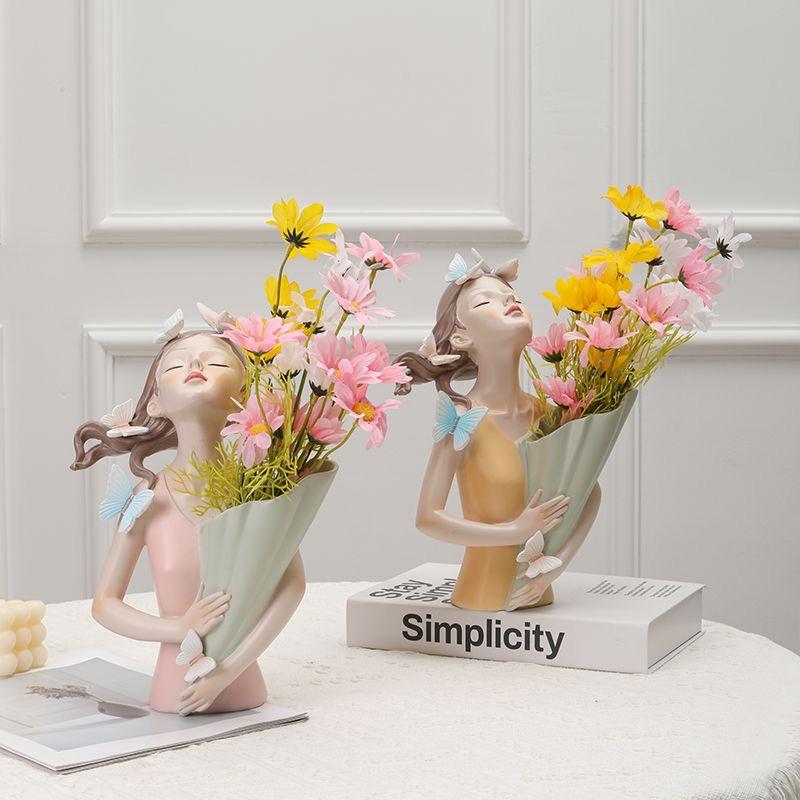 Nordic Girl Holding Vase with Artificial Flowers, Elegant Artistic Resin Home Decor Statue for Living Room, Entryway & TV Cabinet