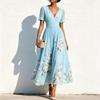 TikTok Women's Amazon Digital Printing Flower Long Sleeve V-Neck Pleated Dress Women's Long Dress