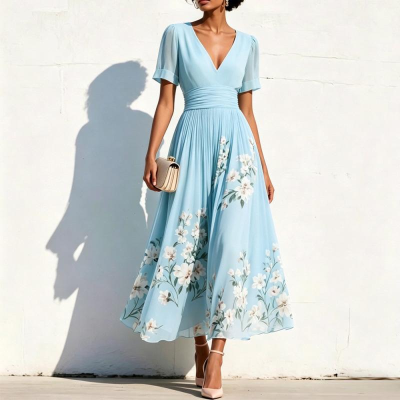 TikTok Women's Amazon Digital Printing Flower Long Sleeve V-Neck Pleated Dress Women's Long Dress
