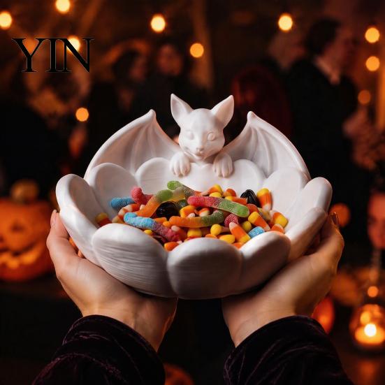 Bat Shape Snack Tray Halloween Candy Dish, 3D Printed Matte White PLA Unique Gift for Friends Bowl, Gothic Table Ornament Entryway And Coffee