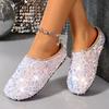 Ladies Slippers In Winter , Leisure and Comfort Baotou Round Head Low Heel Sequined Slippers Indoor Office Shoes.