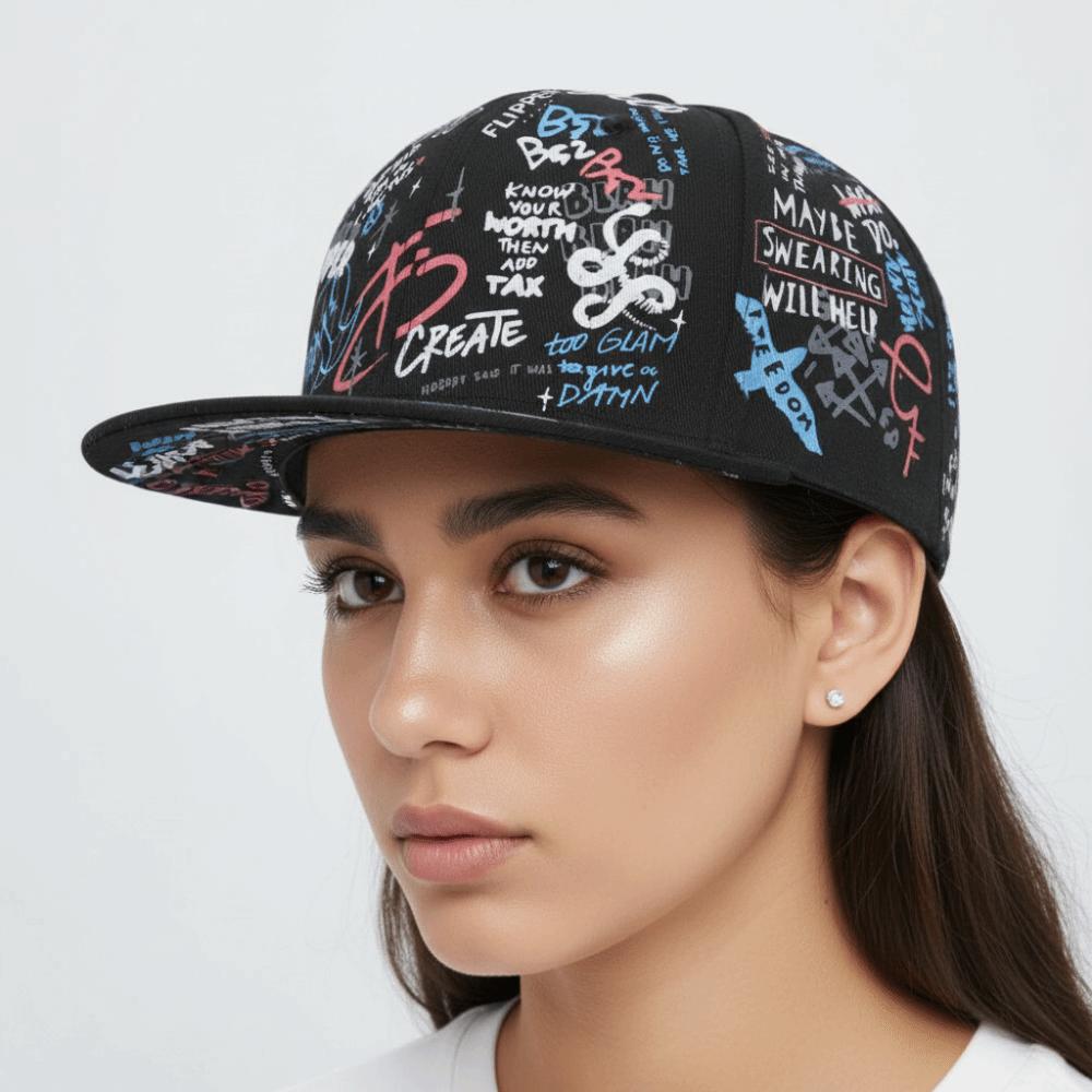 All-Over Letter Print Graffiti Baseball Cap Flat Brim Adjustable Snapback Cap Sun Protection Sunshade Hats For Man Women Unisex
