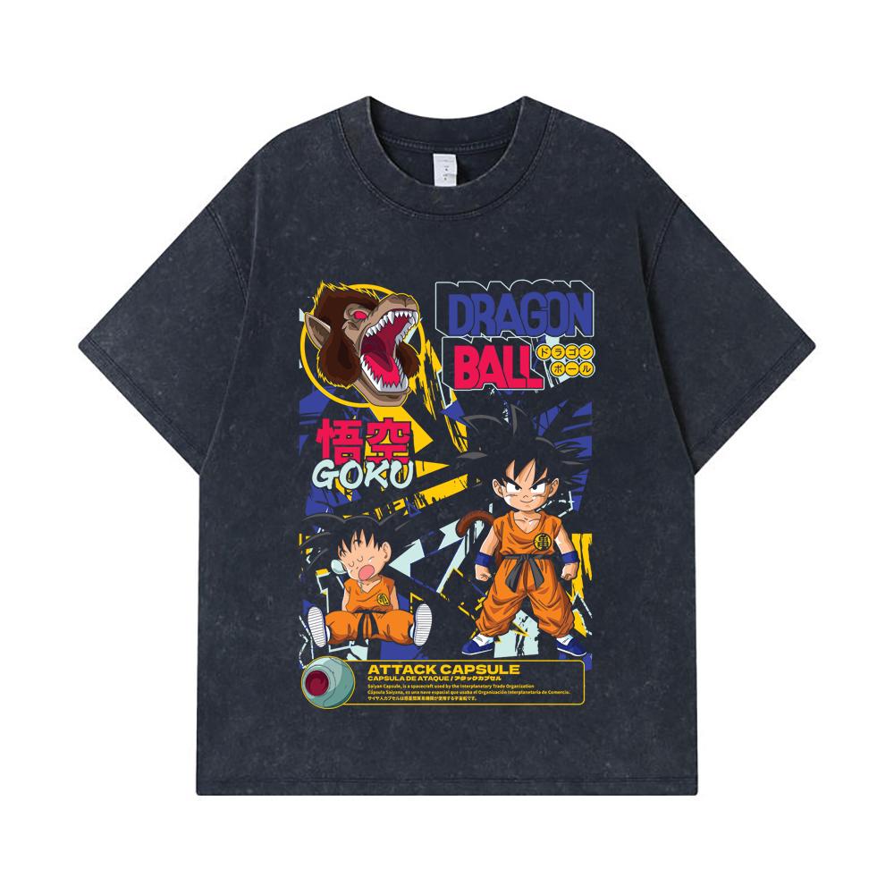 275 GSM Washed T-shirts 100% Cotton Dragon Ball V40 Goku Capsule Print Unisex Heavy Cotton T Shirt