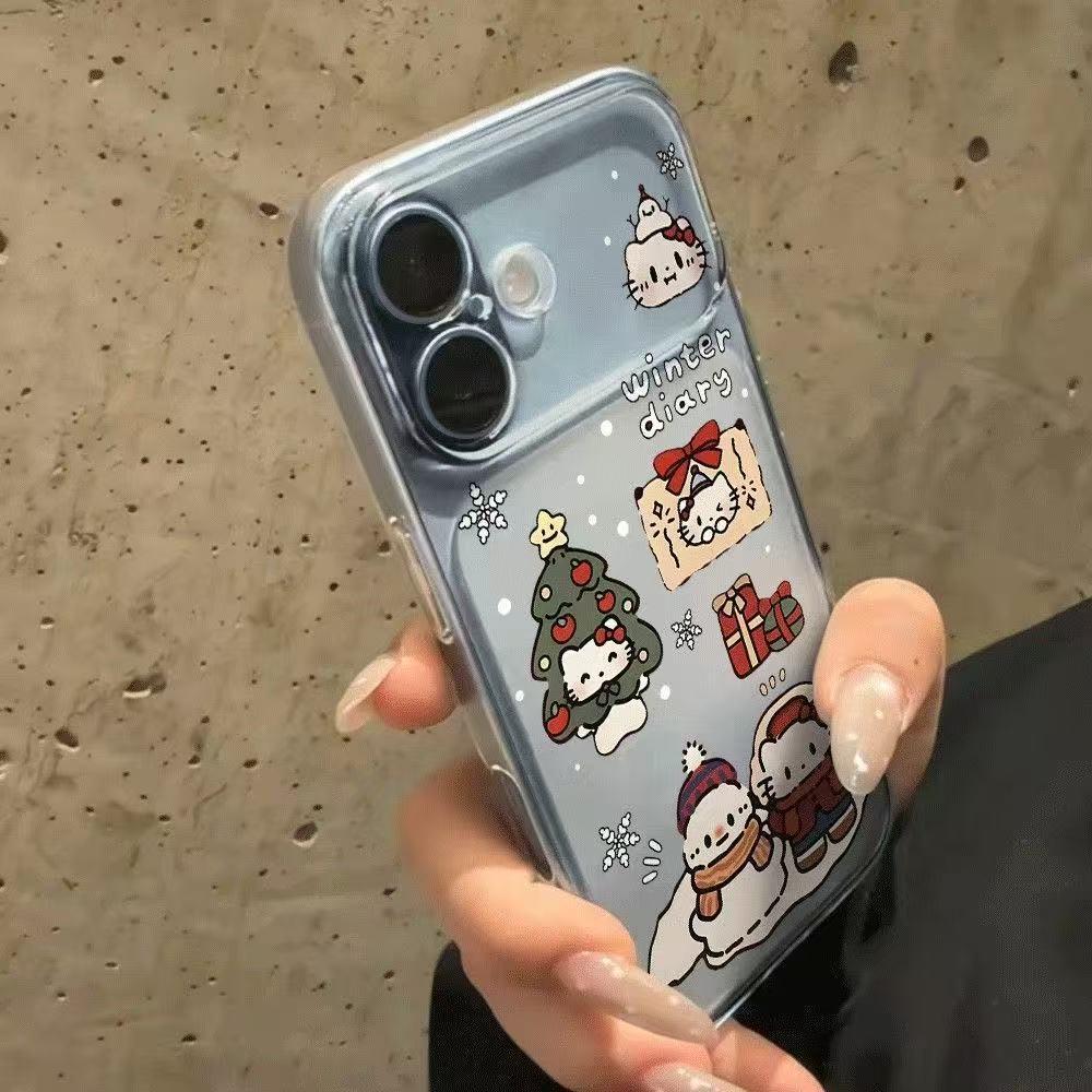 Cute KT Cat Snowman Phone Case, Compatible with Apple 17/16 Pro Max, iPhone 15/14 Transparent Series, Fits Large Windows