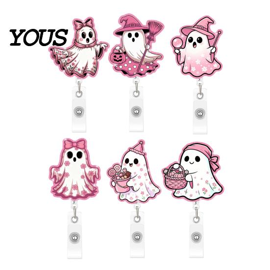 Clear Acrylic Retractable Badge Reel Halloween Ghost Reel, Glitter Holder Clip, Cute Pink ID Name for Women Nurse Teacher Medical Office Worker